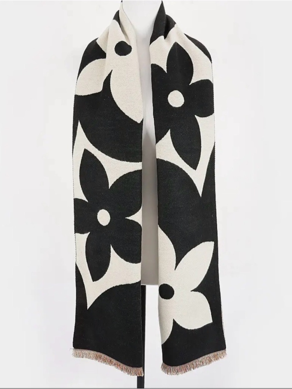 Black and Cream Floral Knit Scarf Wrap